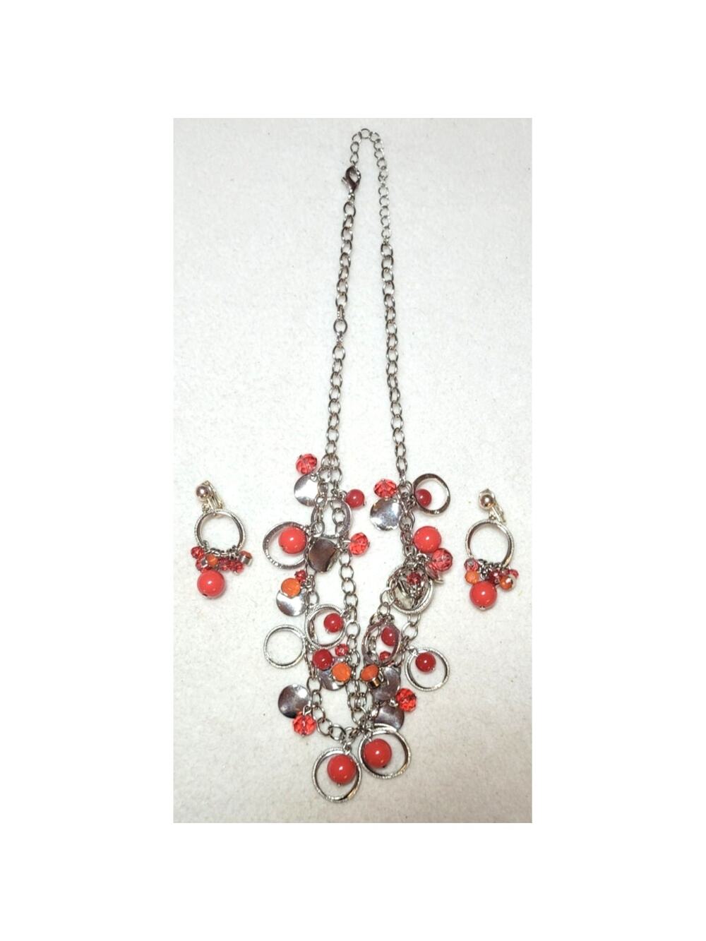 Red Glass Beaded Statement Necklace Clip On Earrings Set Multistrand Silvertone